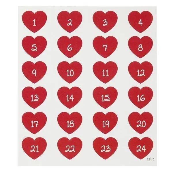 Christmas calendar number stickers, 24 pcs. Hearts