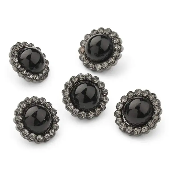 HobbyArts Rhinestone/Pearl Buttons, Black, 12 mm, 5 pcs