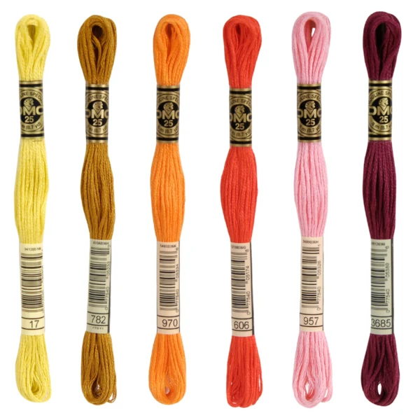 DMC Mouliné Spécial 25 Embroidery Thread, Uni Colors, Red/Yellow/Orange Shades