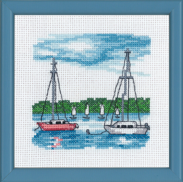 Embroidery Kit White sailboats R 5592 13 x 13 cm / 5 x 5 in