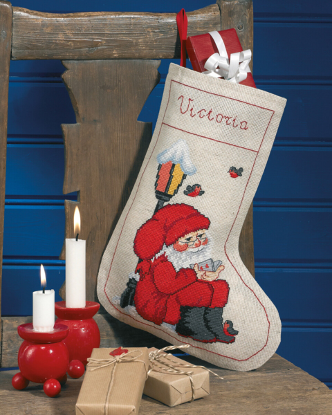 Embroidery Kit Santa under the lantern sock 24 x 32 cm / 9.45 x 12.60 in