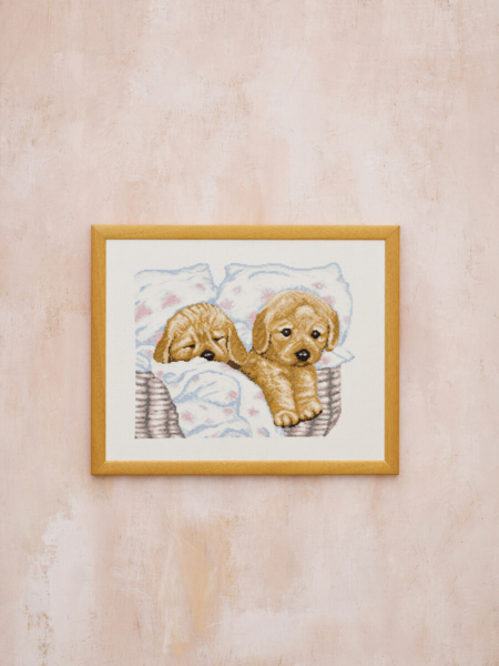 Embroidery Kit Puppies in a Basket R5677 43 x 34 cm / 16.93 x 13.39 in