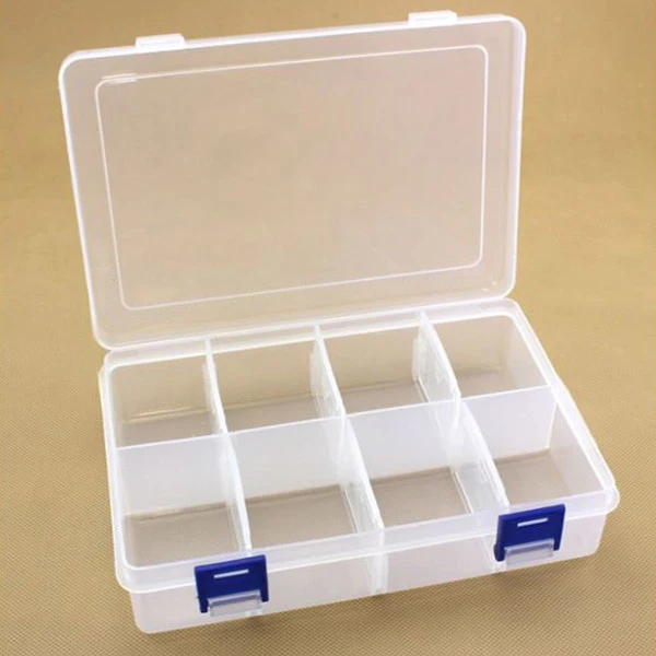 Plastic box with lid, transparent, 20x13.5 cm, 8 rooms