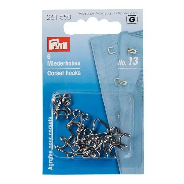 Prym Corset Hooks Size 13, 6 pcs Silver