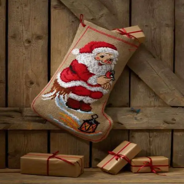 Embroidery kit Christmas stocking Santa on stump