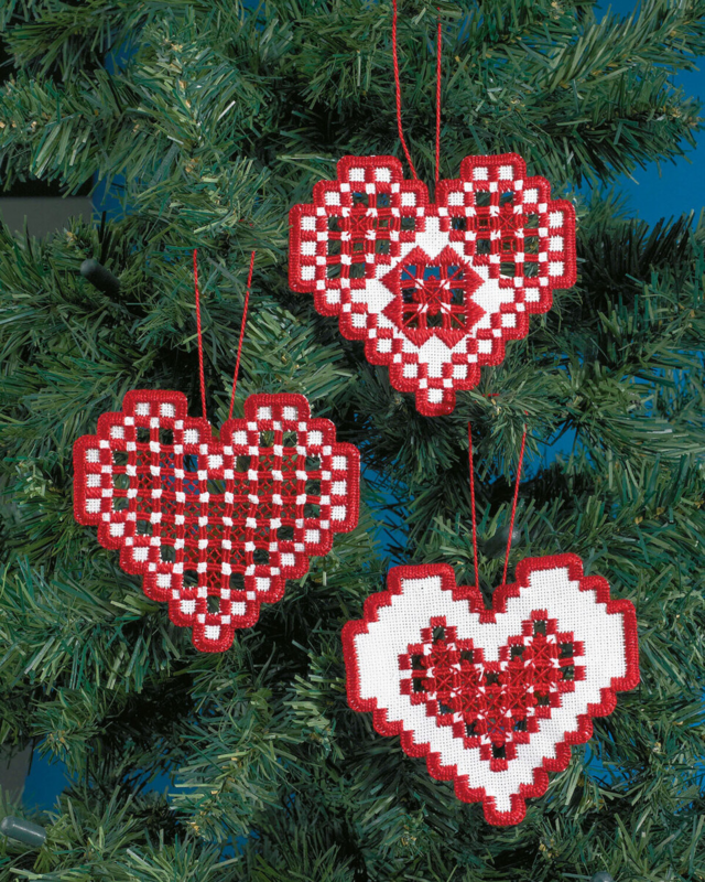 Embroidery Kit Hardanger hearts red 3 pcs