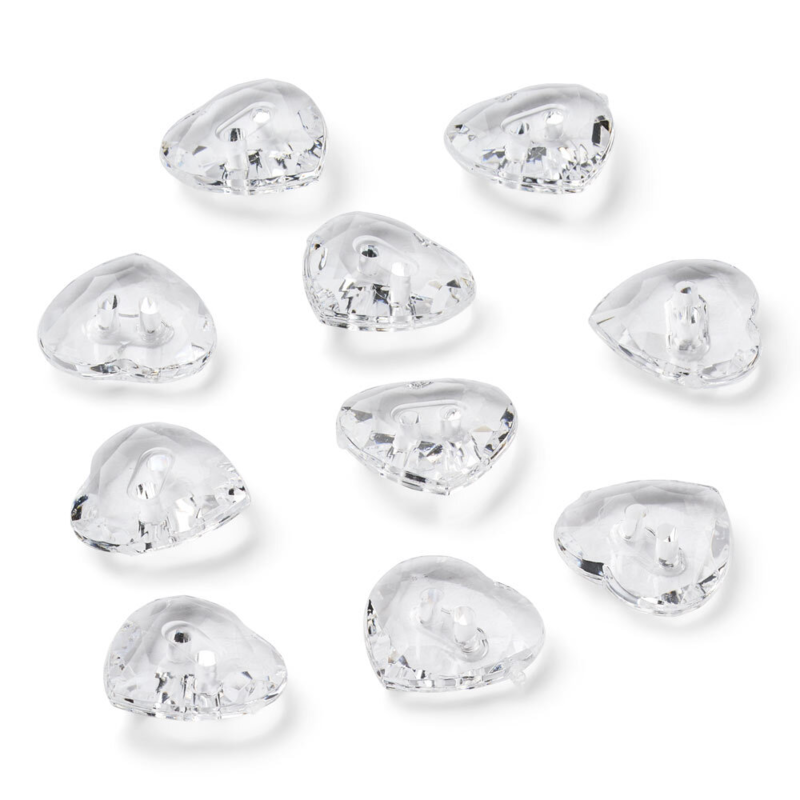 LindeHobby Crystal Buttons, Heart, Clear, 12 mm, 10 stk