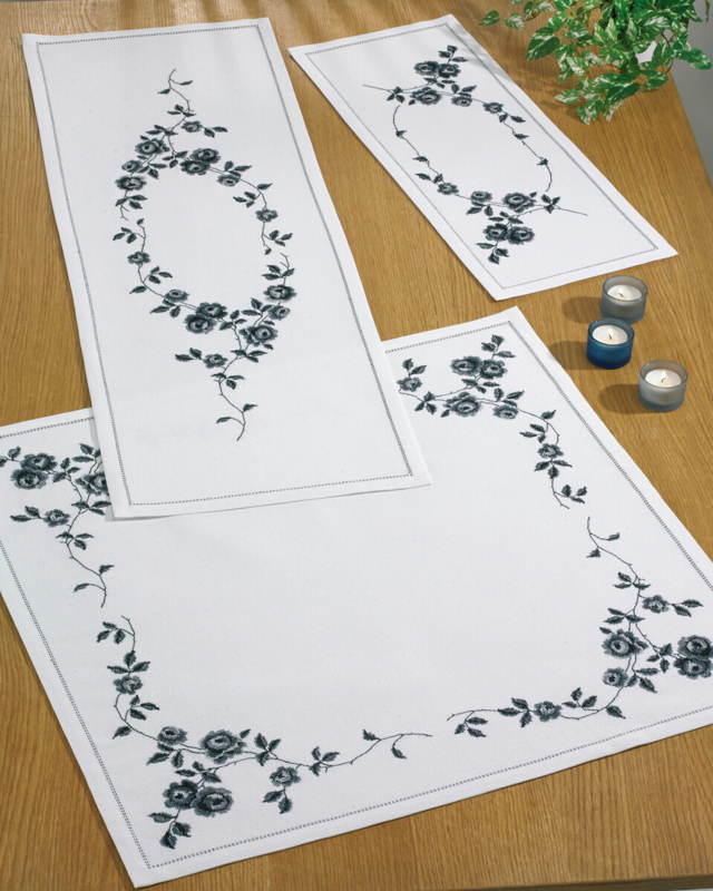 Embroidery Kit Climbing Roses in Grey 25 x 61 cm / 10 x 24 in