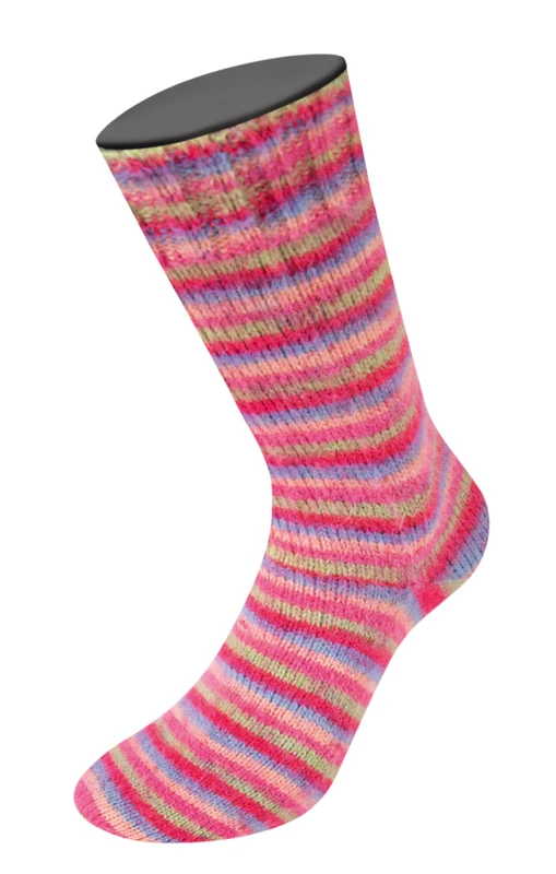 Lana Grossa Cosy Socks Multi Stripes 152 Tulip red/violet blue/salmon pink/pink/light green