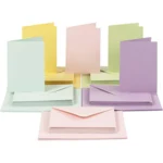 Kort og kuverter, kort 10,5 x 15 cm, kuvert 11,5 x 16,5 cm, 50 sæt Pastelfarver
