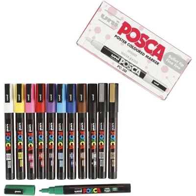 Uni Posca Fine Coloured Markers, 12 pcs