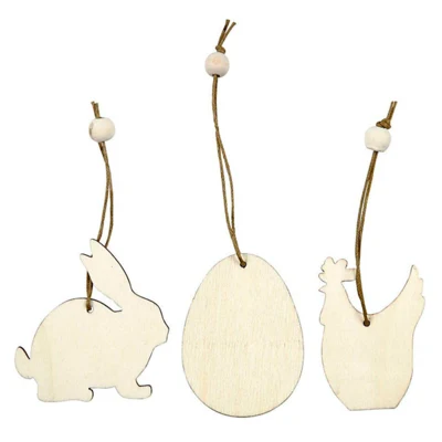 Wooden ornaments, hare, eggs and hen, 6 cm, 9 pcs