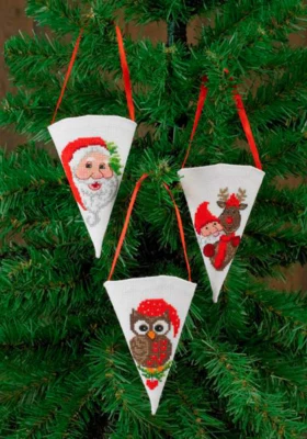 Embroidery kit Cones Santa, Owl & Rudolf, 3 pcs