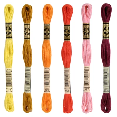 DMC Mouliné Spécial 25 Embroidery Thread, Uni Colours, Red/Yellow/Orange Shades
