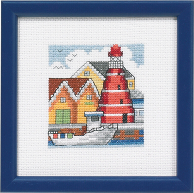 Embroidery Kit Red lighthouse harbor 12 x 12 cm / 4.72 x 4.72 in